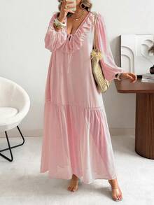 Vionelle Đầm dài tay dài dáng rộng, lãng mạn, cổ chữ V, chất liệu chiffon, dành cho nữ cỡ lớn, thích hợp cho mùa xuân và hè, kiểu dáng thường ngày, đi nghỉ mát, chất liệu chiffon, có bèo nhún. - Hồng - Xem 3