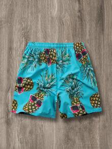 Manfinity Joysei 男士休闲菠萝印花抽绳腰短裤 - 藍色 - 查看 2