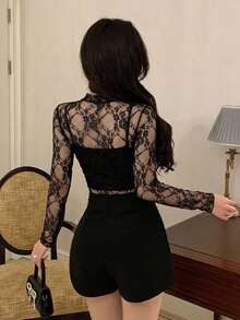 DAZY Back To School Lace Sheer Stand Collar Long Sleeve Top For Women Summer Going Out Tops - Black - View 2