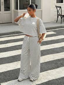 Muchica Women's Summer New Knit Striped Casual Loose Short Sleeve T-Shirt And Pants Set - White - View 4