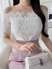 FRIFUL Women's Elegant Lace Patchwork Off-Shoulder Fitted T-Shirt, Summer - White - View 6