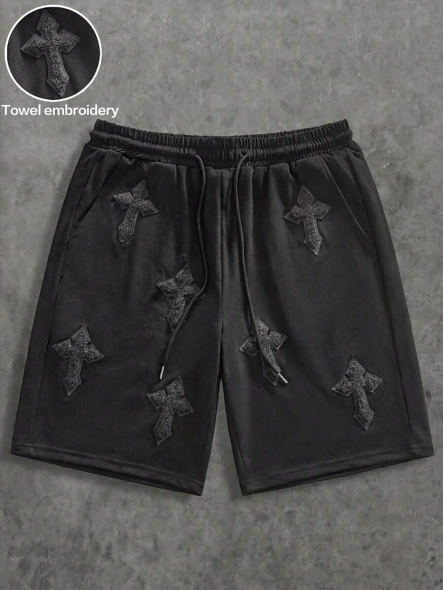 Manfinity VCAY Pantaloni scurți casual pentru bărbați cu broderie în cruce, cu talie cu șnur - Negru - Vizualizare 1