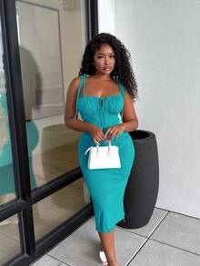 Alexandranx Cà vạt vai Nếp gấp Phần Ngực Váy Dây - Màu xanh bạc hà - Xem 4