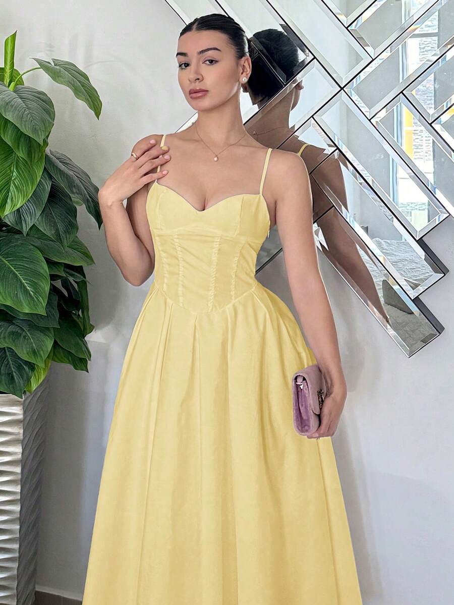Andrea Bello 女士优雅纯色收腰吊带连衣裙,夏日派对连衣裙 - 黃色 - 查看 1