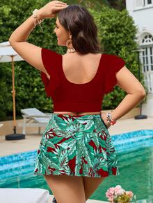 Swim Lushoire 大码女式两件套热带树叶印花露肩高腰显瘦优雅比基尼泳装 - 酒紅色 - 查看 2