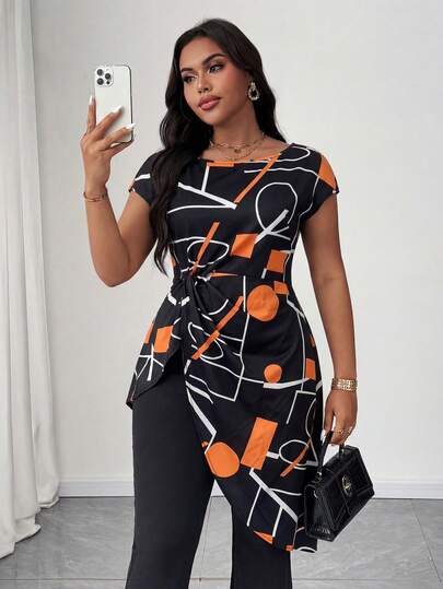 Maweii Plus Size Women's Asymmetrical Hem Twist Waist Casual Vacation Asymmetrical Geometric Print Scoop Neck Short Sleeve Blouse, Women's Vacation Outfit