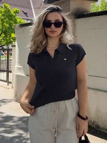 Jeta Ari Women's Solid Fitted Knit Polo Collar Blouse, Commute Casual Spring/Summer - Navy Blue - View 4