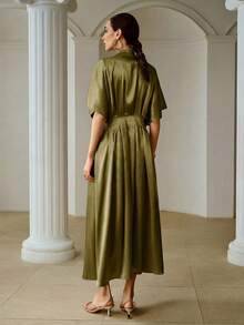ZEYLAH 立领开襟褶裥腰身中长缎面连衣裙，优雅复古风格 - 綠色 - 查看 3