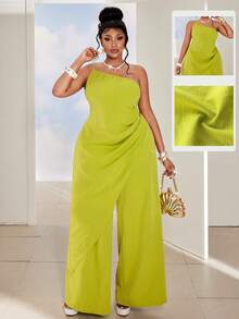 Maweii 性感优雅小众不对称领口修身上衣搭配宽松阔腿裤两件套，大码 - 綠色 - 查看 1