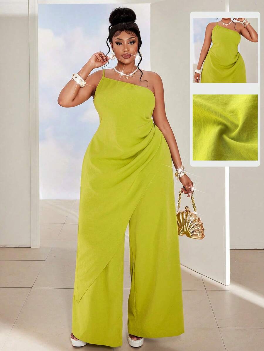 Maweii 性感优雅小众不对称领口修身上衣搭配宽松阔腿裤两件套，大码 - 綠色 - 查看 1