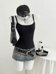 Elamini Women's Casual Lace Trim Sleeveless Tank Top, Faux 2-In-1 Design, Grey, Spring/Summer Gothic Tops Body Tops For Ladies - Black - View 5