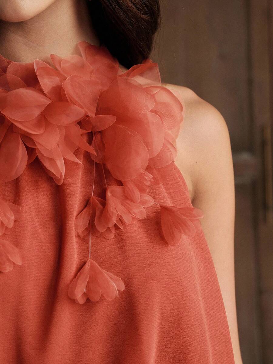 Anewsta Spring/Summer New Holiday Party Halter Sleeveless Detachable Floral Decor Waist Splice Ruffle Hem Romantic Elegant Maxi Dress For Women - Coral Orange - View 1