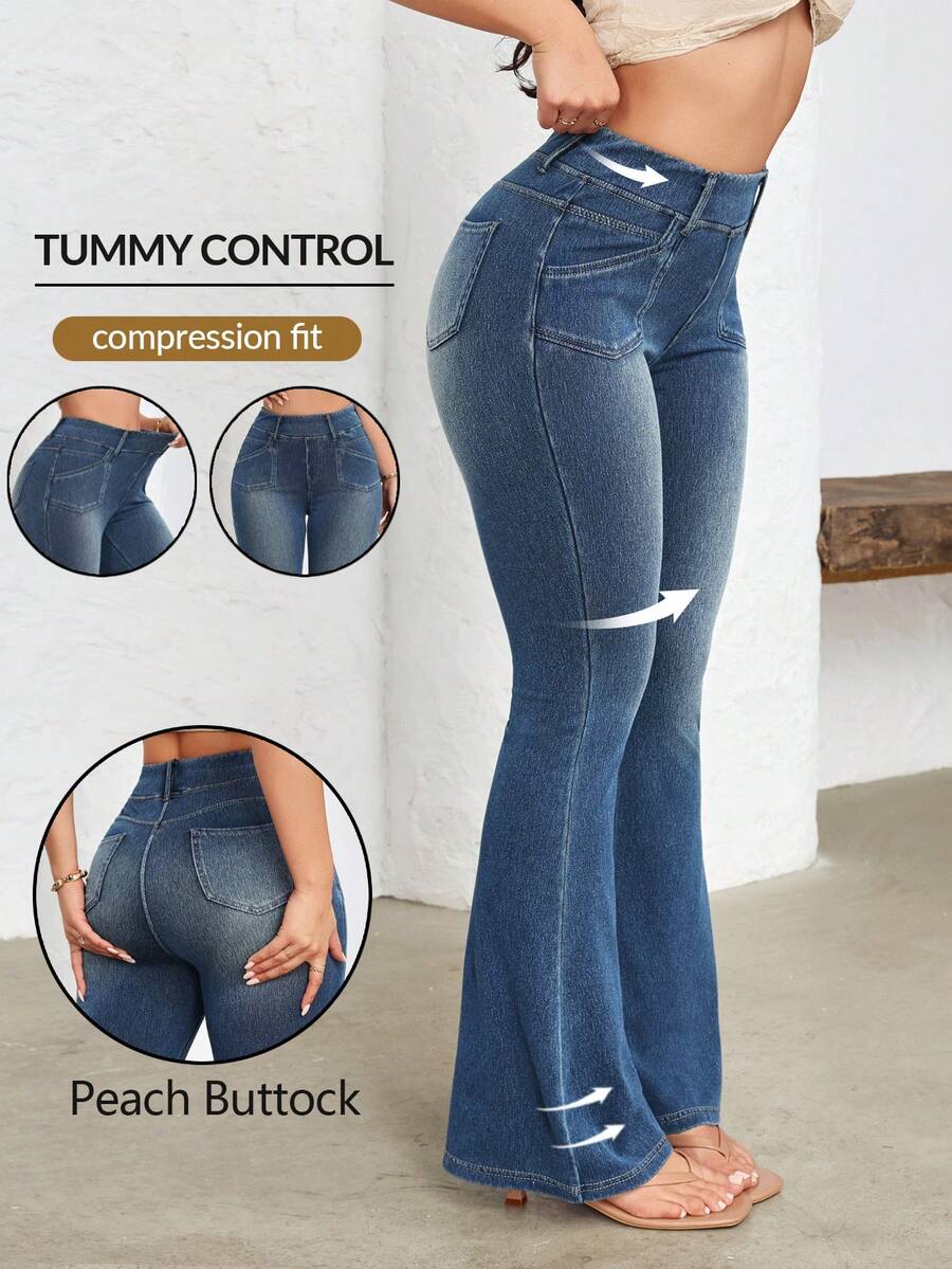 Flexra 女士高腰休闲百搭喇叭牛仔裤 - 藍色 - 查看 1