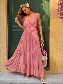 Breezaya Vestido de verano de unicolor con cuello halter, espalda descubierta y volantes en el bajo - Rosa - Ver 5