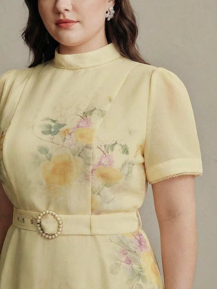 Women's Elegant Niche Spring/Summer Luxury Resort Party Mother's Day Birthday Banquet Heavily Embellished Floral Print Plus Size Short Sleeve Maxi Dress