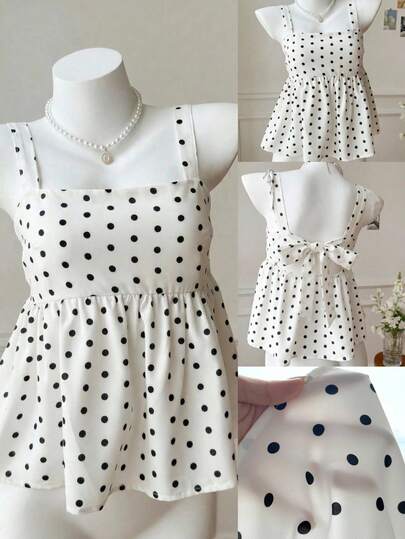 SHEIN Áo kiểu nữ tuổi teen họa tiết chấm bi, nơ, viền bèo nhún.