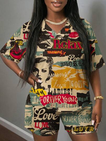 Slaydiva Bộ đồ 2 mảnh gồm áo thun cổ chữ V tay ngắn in họa tiết báo chí phong cách retro, tối giản, phù hợp cho phụ nữ cỡ lớn, thích hợp cho mùa hè.