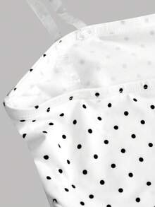 SHEIN Girlism 少女夏季白色复古波点褶皱收腰修身休闲抹胸上衣，时尚少女，休闲装，适合春夏穿着，休闲时尚，度假风，波点上衣，白色无肩带波点抹胸上衣 - 黑與白 - 查看 3