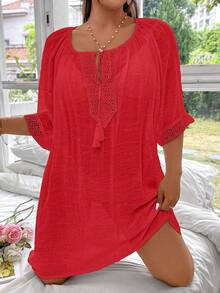 Swim Lushoire Vestido de playa holgado y cómodo con cordón para mujer de talla grande y unicolor - Rojo - Ver 4
