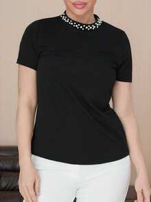 Milla Jasmine Camiseta de mujer con cuello redondo y manga corta con parches decorativos con perlas de imitación - Negro - Ver 5
