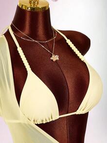 Amplova Women's 3 PiecesBeaded Swimsuit Set Including Sexy Halter Mesh Coverup, Suitable For Holiday Wear With Tie Details - Light Yellow - View 12