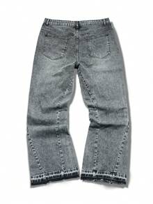 Manfinity EMRG 男士美式水钻拼接毛边水洗灰喇叭牛仔裤 - 灰色 - 查看 2