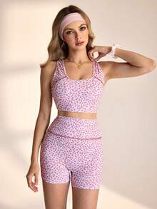 SHEIN Unity 女士碎花露脐背心和高腰短裤两件套 - 彩色 - 查看 5