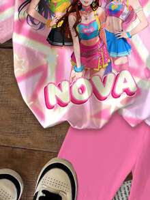 SHEIN 女童圆领字母卡通印花短袖T恤和短裤休闲简约套装，适合度假、聚会和日常穿着。 - 彩色 - 查看 6