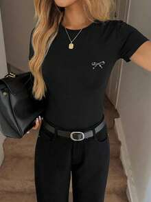 SHEIN LUNE Rhinestone Embellished Crew Neck Fitted Butterfly Print Short Sleeve T-Shirt, Suitable For Spring/Summer Rhinestone Hot-Stamped Rhinestone Top With Real Rhinestone Bow Shape,Summer Top - Black - View 2