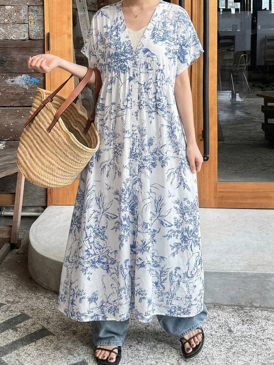 FRIFUL 女士V领短袖印花宽松休闲连衣裙波西米亚风太阳裙,适合女士度假穿着,夏季必备 - 藍色 - 查看 1
