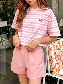 2pcs Tween Girls Casual Striped Heart Print Short Sleeve Top And Shorts Set, Suitable For Spring/Summer, Suitable For School - Multicolor - View 2