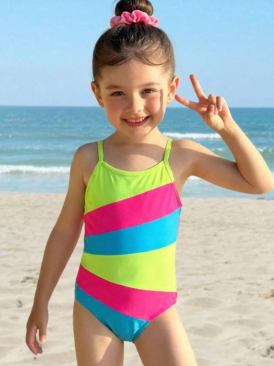 SHEIN 女童休闲简约吊带连体泳衣，适合夏季穿着 - 彩色 - 查看 1