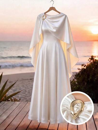 Rafferiza Vestido nuevo de primavera/verano para mujer, de tela de satén con patchwork asimétrico con hebilla de metal, vestido entallado en la cintura con línea A, elegante y romántico estilo retro de Oriente Medio de Qatar