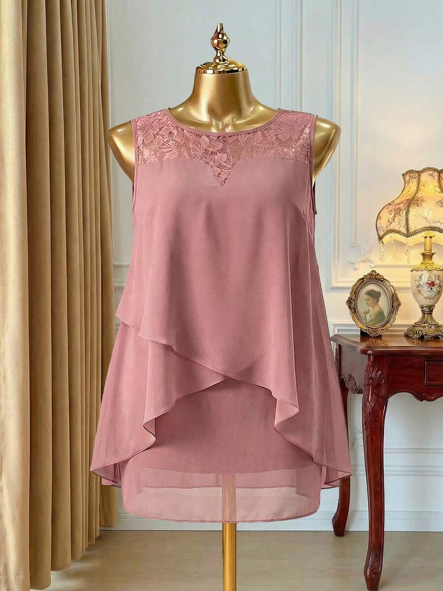 Rometta Plus Size Women's Patchwork Asymmetrical Ruffled Hem Sleeveless Round Neck Dress - Pink - View 1