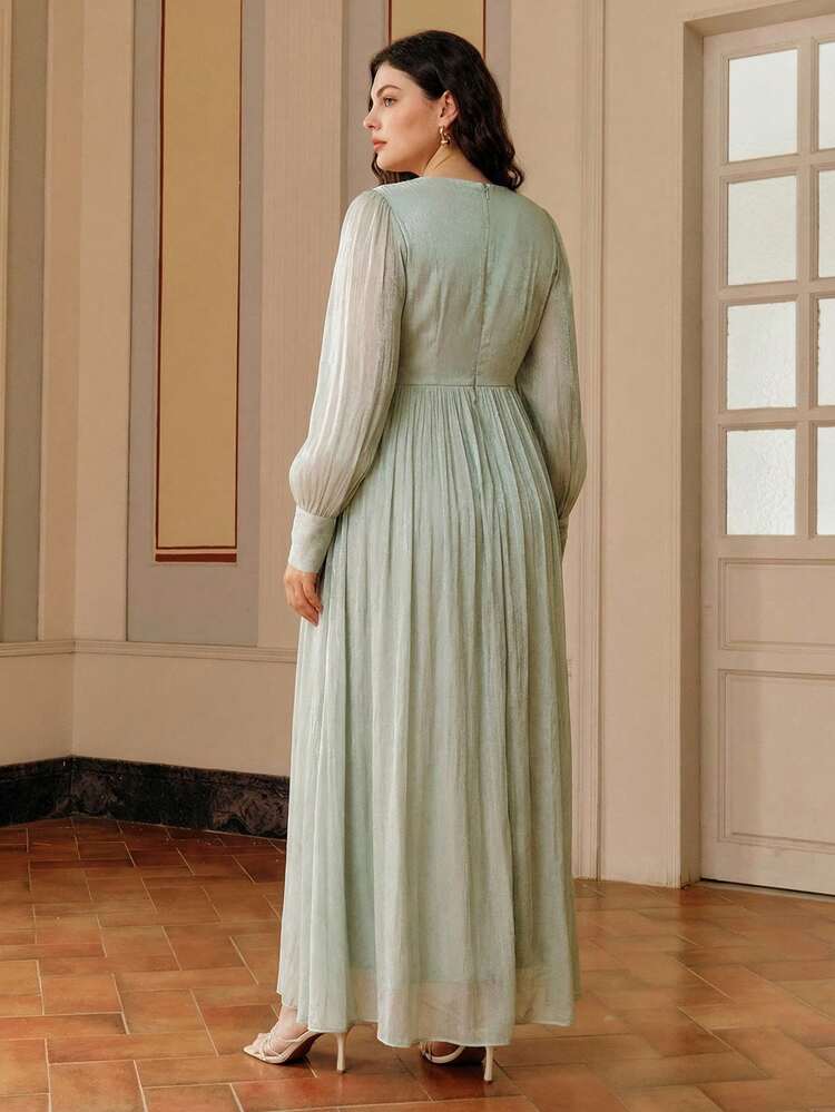 Elegant Aqua Chiffon V-Neck Beaded Embroidered Floral Dress, Plus Size