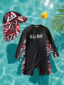 SHEIN Set de 2 piezas de traje de baño con camiseta de protección solar de manga larga con estampado de dibujos animados y gorro para niños pequeños, adecuado para playa, piscina, primavera/verano - Rojo - Ver 10