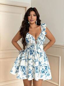 Vionelle Plus Size Sexy V-Neck Ditsy Floral Vacation Fitted Slip Dress - Blue - View 5