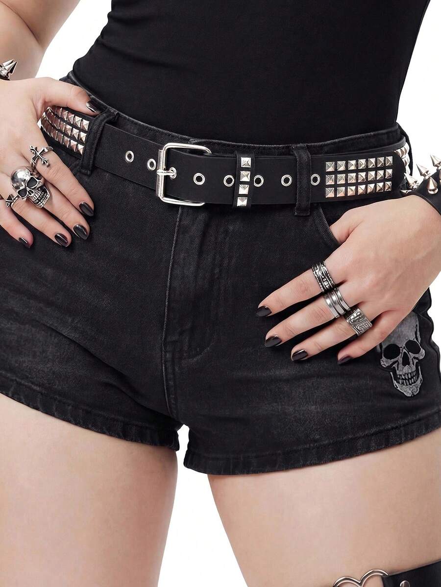 Whyspr 1 件男女通用铆钉朋克风格帅气街头休闲日常佩戴腰带万圣节夏季、学校秋季、秋季、万圣节 - 黑色 - 查看 1