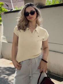Jeta Ari Women Solid Color Close-Fitting Knit Polo Collar Pullover, Casual For Commuting, Spring/Summer - Yellow - View 6