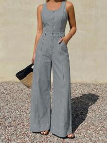 DAZY Bộ jumpsuit denim nữ không tay, dây đeo có thể điều chỉnh, dáng rộng, ống thẳng, phong cách thường ngày. - Xanh và trắng - Xem 5