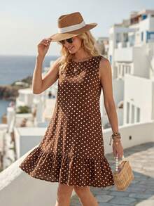 Faunlyn Polka Dot Ruffle Hem Smock Dress - Brown - View 1