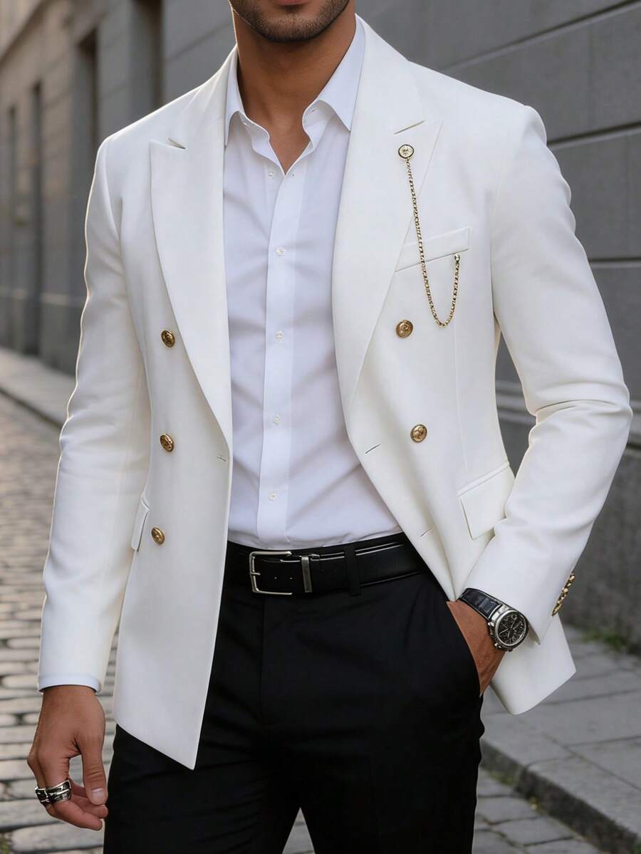 Manfinity Bizformal 男士白色口袋链休闲西装外套 - 白色 - 查看 1