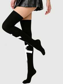 ROMWE Grunge Punk 1双暗黑朋克白色机关枪黑色过膝长袜 - 黑88色 - 查看 2