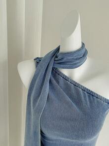 Elamini 女士夏季时尚露背单肩褶皱修身牛仔衬衫 - 藍色 - 查看 3