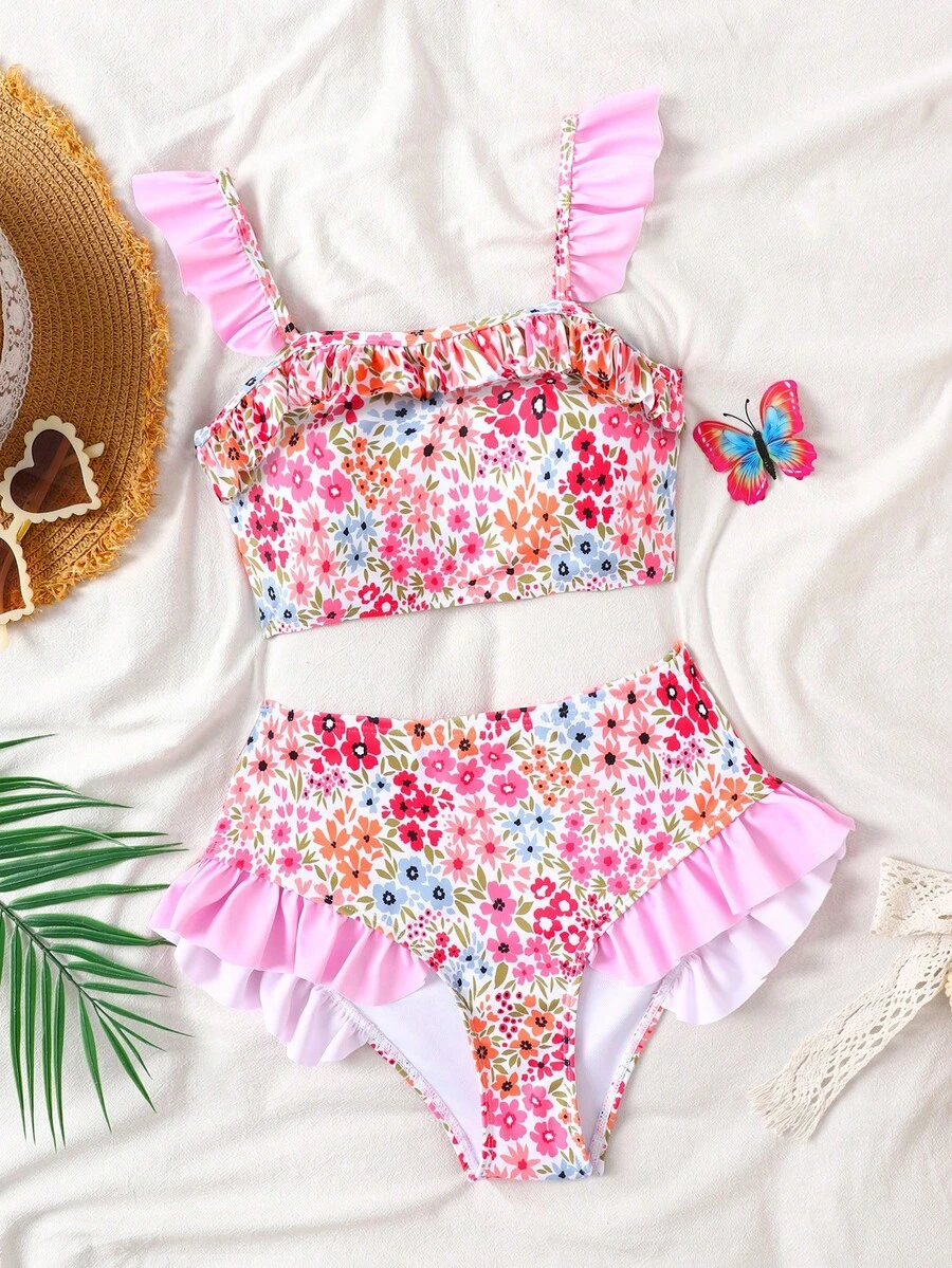 SHEIN 少女碎花荷叶边比基尼套装，沙滩/度假风 - 粉色 - 查看 1