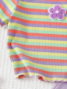Genkimix Kids Young Girl' Cute Vacation Colorful Striped Purple Embroidered Rib Flare Pants Set - Baby Blue - View 4