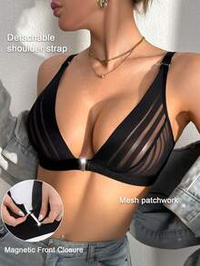 Underwear & Sleepwear 1pc Mesh Patchwork Backless Plunge Bra, Adjustable Straps, Wireless - Black - View 7