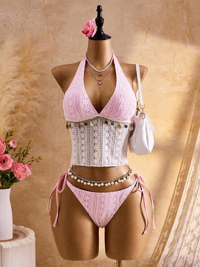 Bellisia Conjunto de camiseta de tirantes finos y bikini rosa con estampado floral y de conchas marinas, tela especial para vacaciones de primavera/verano