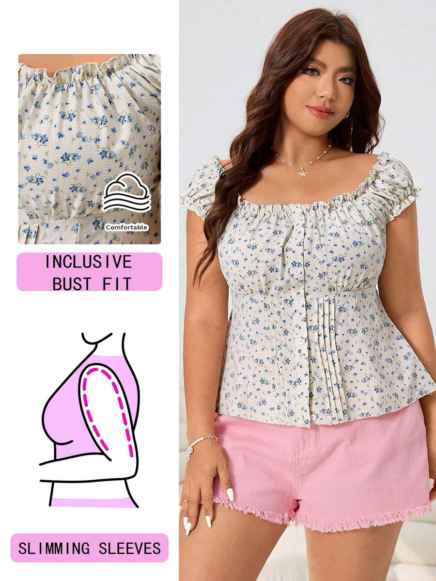 Solflare 春夏新款休闲日常装，适合派对、通勤、婚礼、音乐节、返校、毕业典礼、度假、街头风、居家休闲、逛街、城市漫步等多种场合，可外穿或内搭，短袖荷叶边下摆装饰，收腰设计，蓝白碎花图案，浪漫花卉图案，大码衬衫 - 彩色 - 查看 1