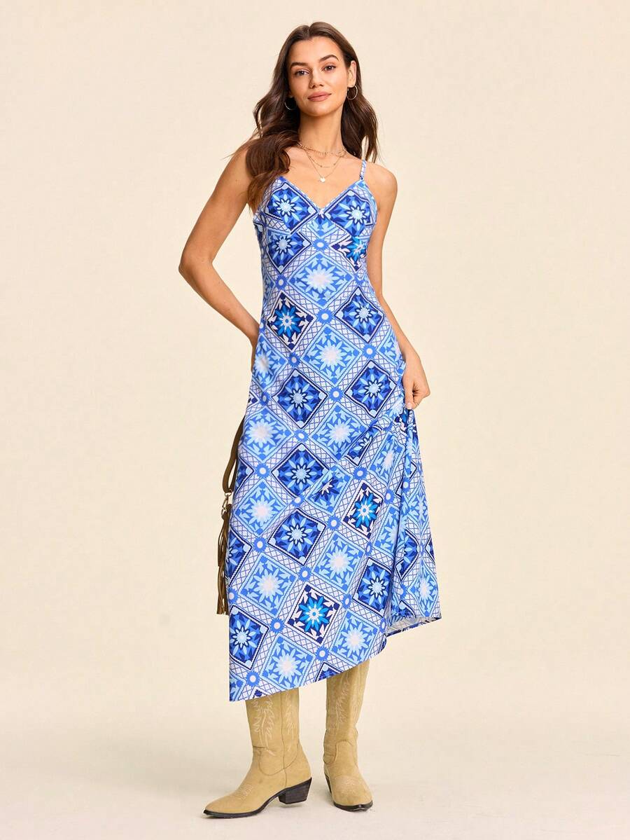 Coeurva 女士全印花休闲度假吊带连衣裙 - 藍色 - 查看 1